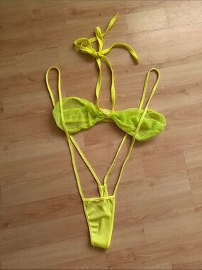 Wicked Temptations Neon Yellow Mesh Bikini Top & Sling Thong Set